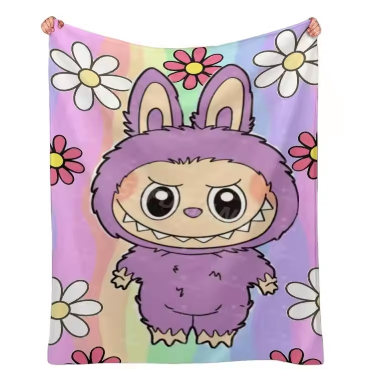 Cartoon Labubu 100% โซฟาโยนผ้าห่มดอกไม้โปรโมชั่น